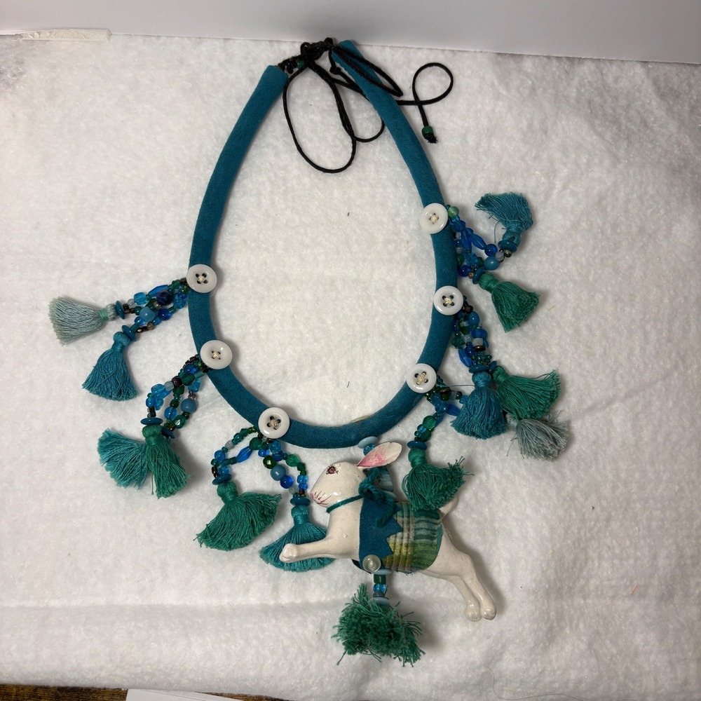 Handmade Teal Tassel Statement Necklace with Bunny Rabbit Figurine & Beads